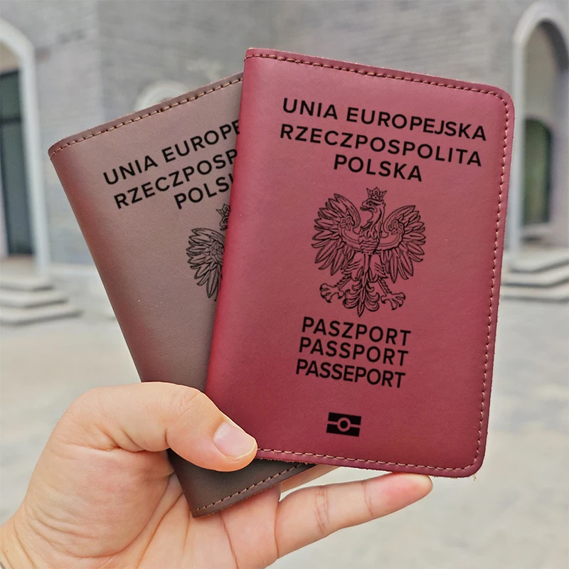 Funda de pasaporte de la República de Polonia hecha a mano, cuero genuino, nombre grabado, soporte de pasaporte de Polonia, billetera