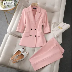 Pink Suits Women Fashion New 2023 Spring Temperament Porfessional Slim Half Sleeve Blazer And Pants Office Ladies Work Wear