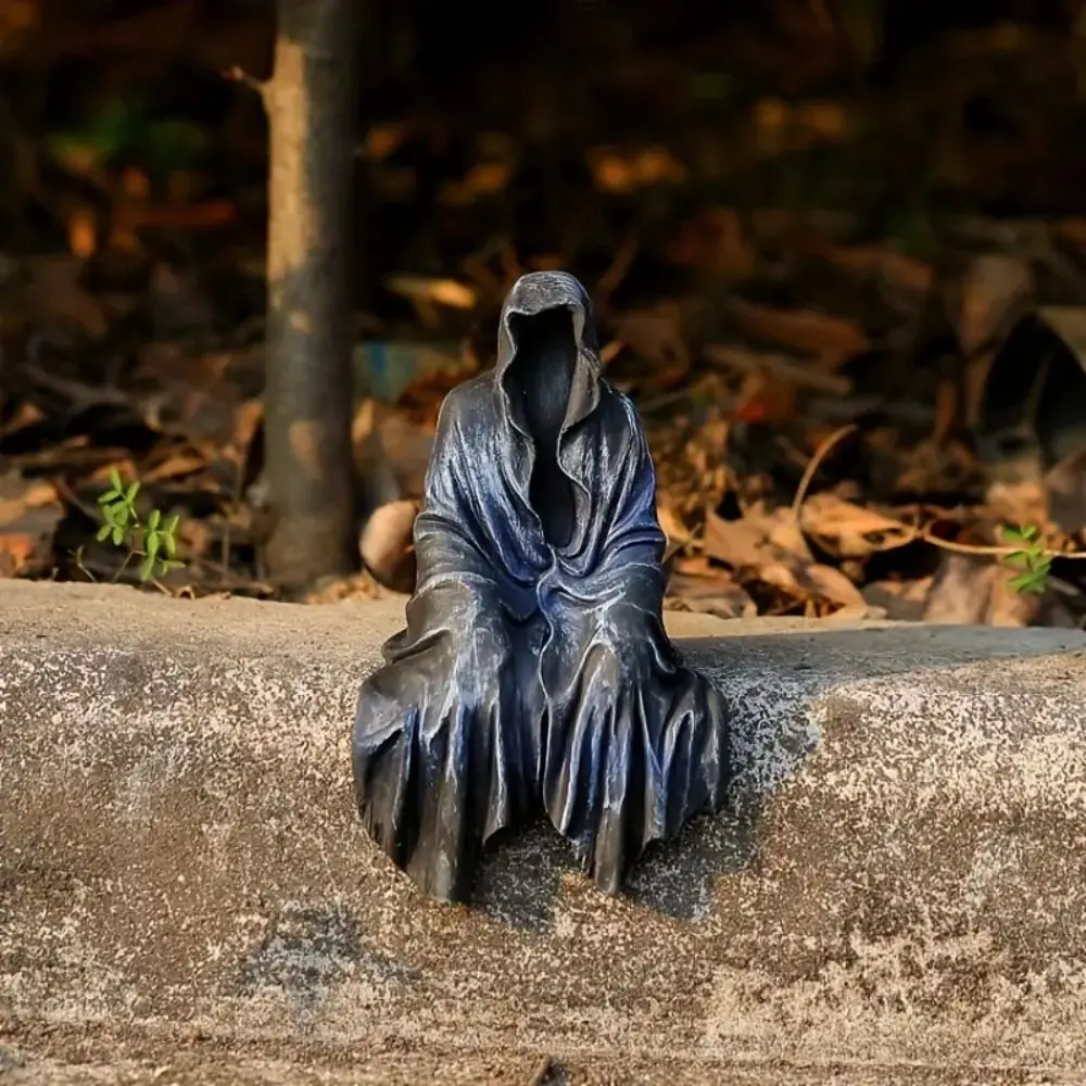 Horror Gothic Black Robed Sitting Garden Sculpture Halloween Decor Black Clothes Mysterious Master Ornament