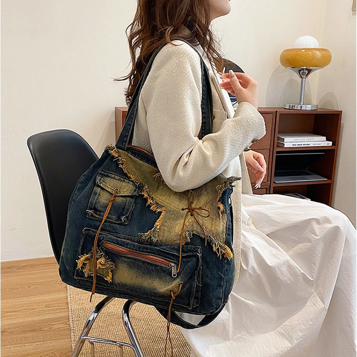 Denim Shoulder Hobo Bag for Women Luxury Designer Handbag 2024 Fashion Trend Patchwork Crossbody Bag Large Capacity Shoulder Bag