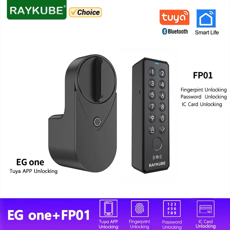 Neues RAYKUBE EG One Tuya BLE Smart Lock + Wireless Fingerprint and PIN Pad FP01 Bundle – bohrfreie, einfache Installation