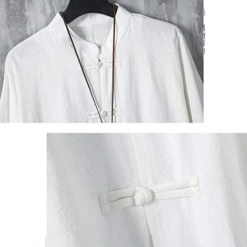 Men's Summer Sun & Crane Embroidered Short Sleeve Mandarin Collar Shirt Lightweight Linen Casual Top with Frog Buttons for Man