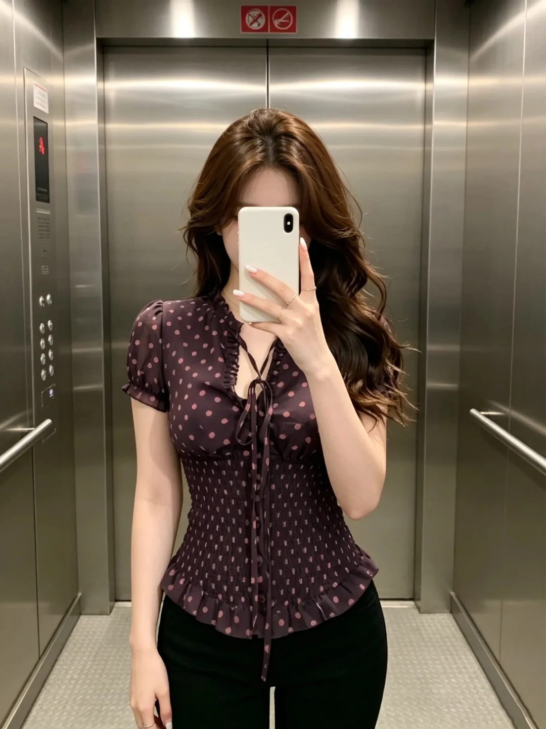 

Fashionable Unique V-neck Shirt Women's Short Sleeve Slimming Top Korean Style Commute Wave Dot Print Belted Waist Tie Shirt