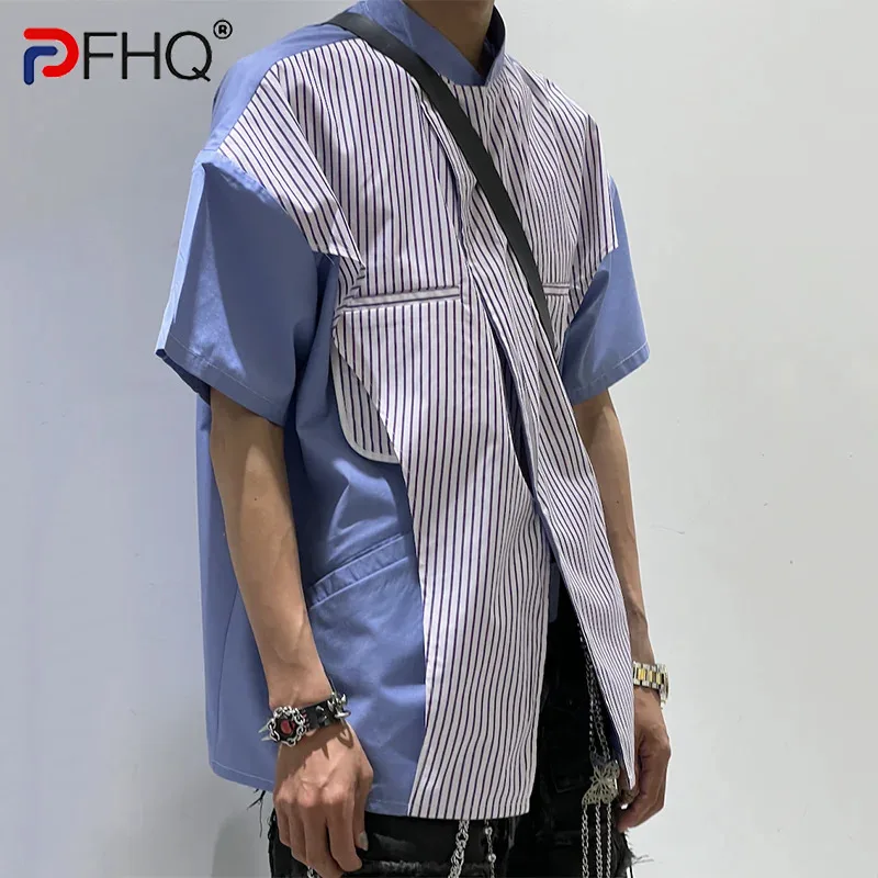 

PFHQ Stand Up Collar Striped Simple Pure Cotton 2024 Summer Fashion Contrasting Loose Mid Sleeved Patchwork Male Tops 21Z5753