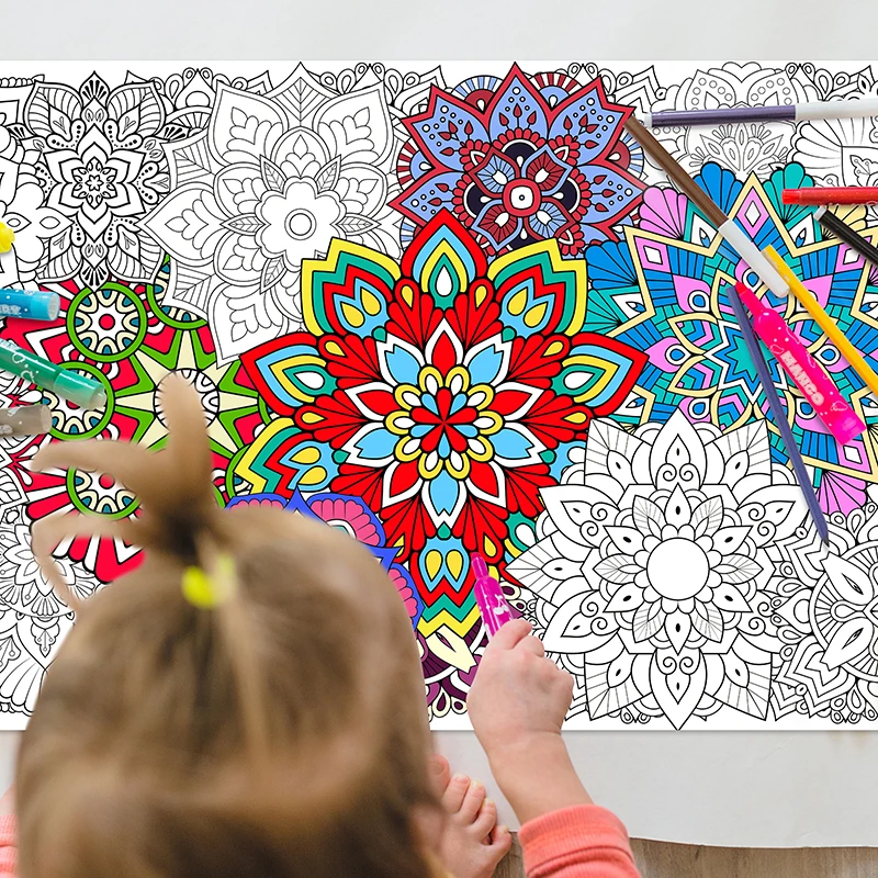 Jumbo Mandala Coloring Poster DIY Fill in Giant Flower Animal Butterfly Color Banner Drawing Craft for Party Activity Supplies