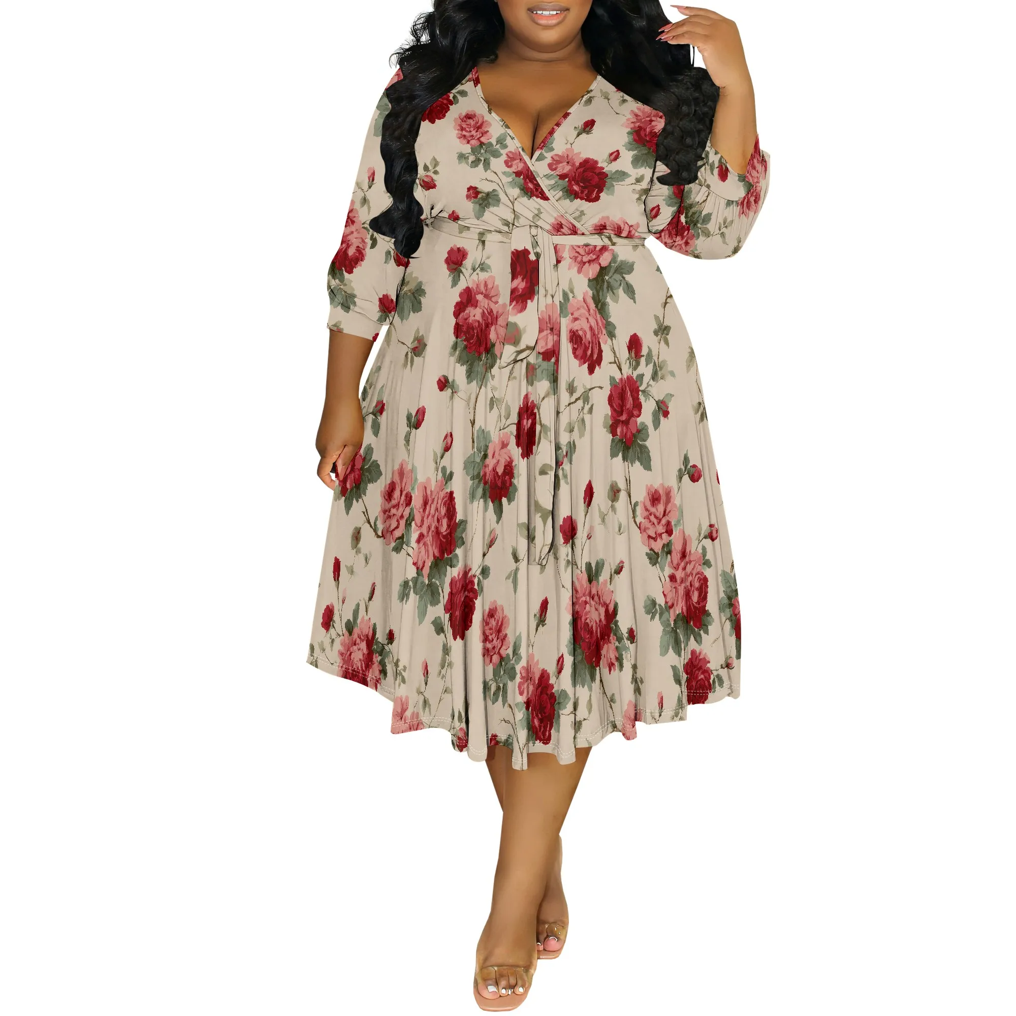 

Maxi Dress for Women V Neck Casual 3/4 Sleeve Wrap Sexy Long Dresses Floral with Belt