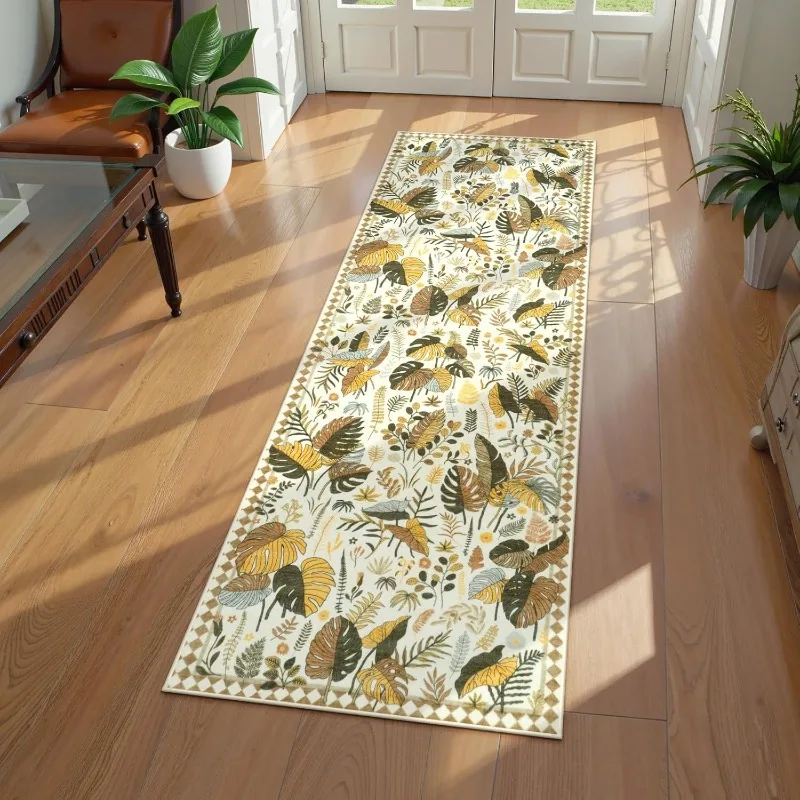 Bohemia Green Leaf Runner Rug Soft Non-slip Floor Mat Jungle Theme Home Decor Long Carpet for Hallway Bedroom Living Room