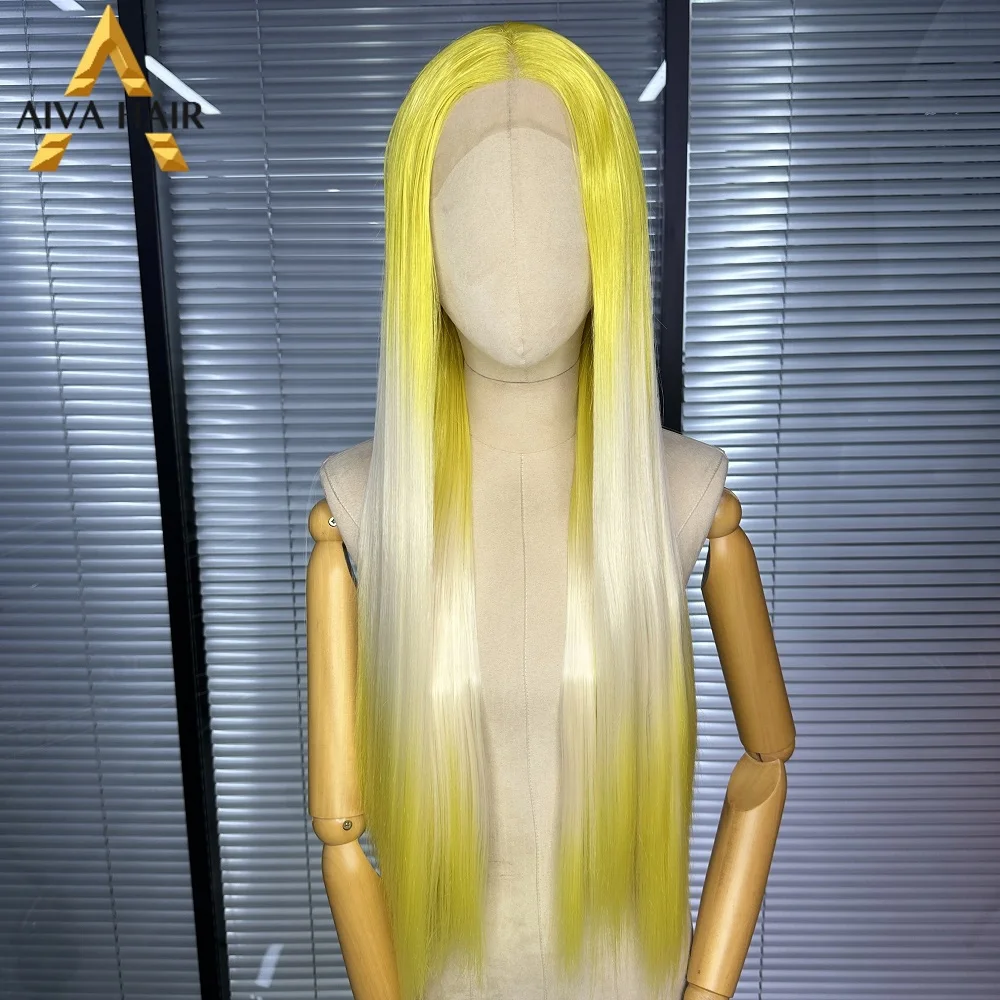 

Aiva Ombre Yellow Synthetic 13X4 Lace Front Wig Long Straight Glueless Pre Plucked Heat Resistant Cosplay Wigs For Women 180%