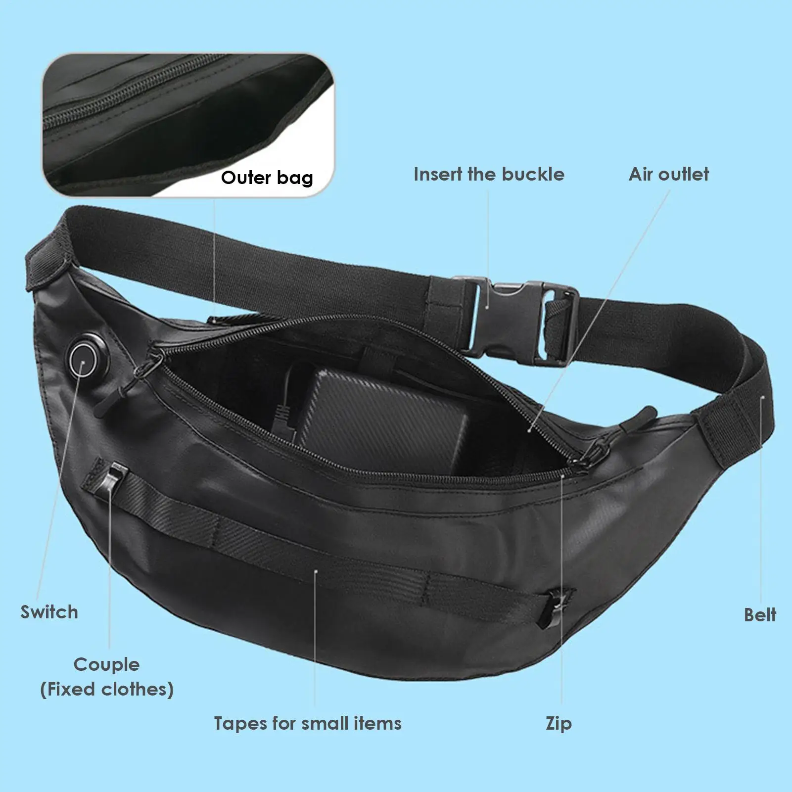 Belt Fan Portable Personal Body Fan Fanny Pack Mini Waist & Belt Fan Wearable Personal Fan USB Powered Strong Airflow