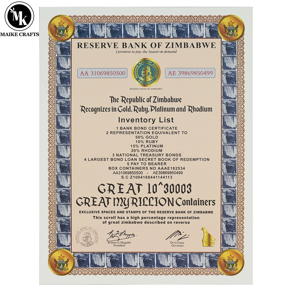 200pcs/box Zimbabwe Great Myrillion Containers Certificate 10 ^ 30003 Zimbabwe Banknotes Collectible Gifts