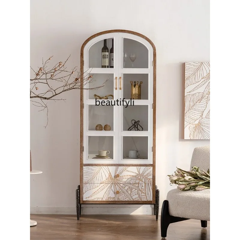 

French Retro Wine Cabinet Solid Wood Glass Door Wall Curio Cabinet Home Display Cabinet