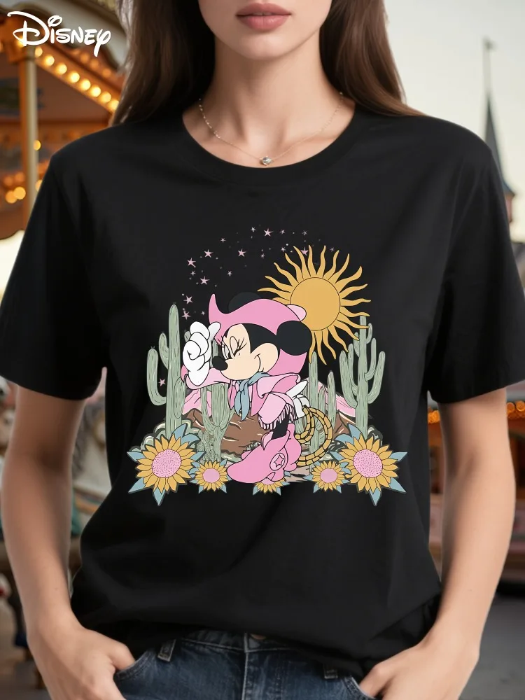 

Женская джинсовая футболка с круглым вырезом и короткими рукавами в стиле вестерн с принтом пустыни и рисунками кактуса и подсолнуха