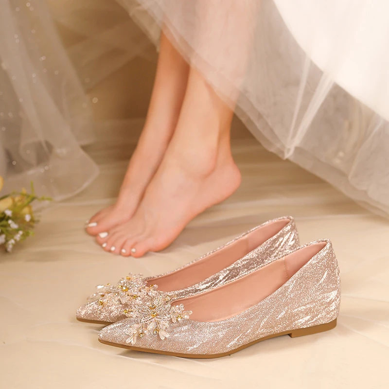 

Champagne Gold Wedding Party Bling Shoes Women Luxury Crystal Bridal Dress Shoe Ladies Pointed Toe Rhinestone Flower Ballet Flat