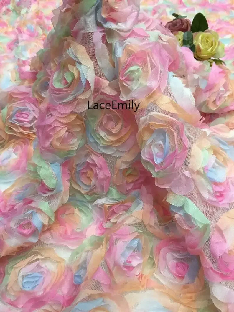 

5 colors Gradient 3D Rose flower lace fabric Chiffon rainbow Rose embroidery fabric for Prom Dresses, Princess Dress,