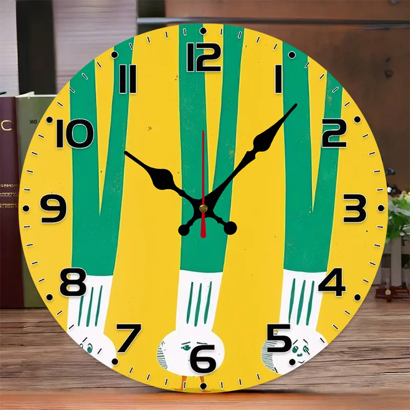 Reloj de pared grande, redondo, silencioso, sin tictac, de 10 pulgadas, con diseño de cebolla verde y baguette francés, chapa de madera artificial moderna