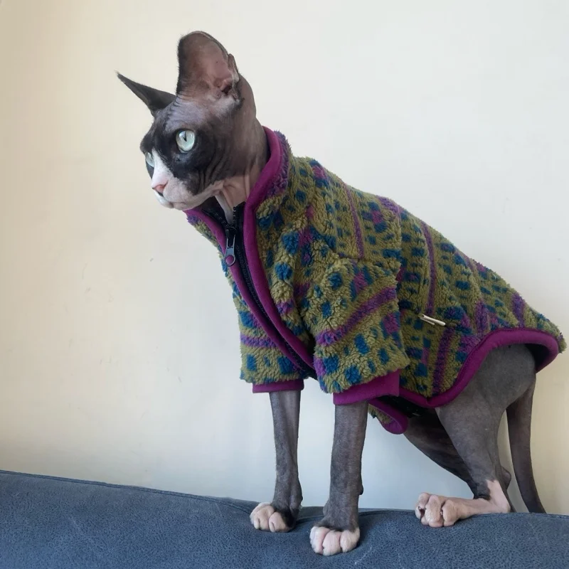 Sphyinx Cat Autumn and Winter Austrian Fleece Warm Green Jacket Zip-up Cardigan Cat Clothes Thick Purple Coat for Devon Rex