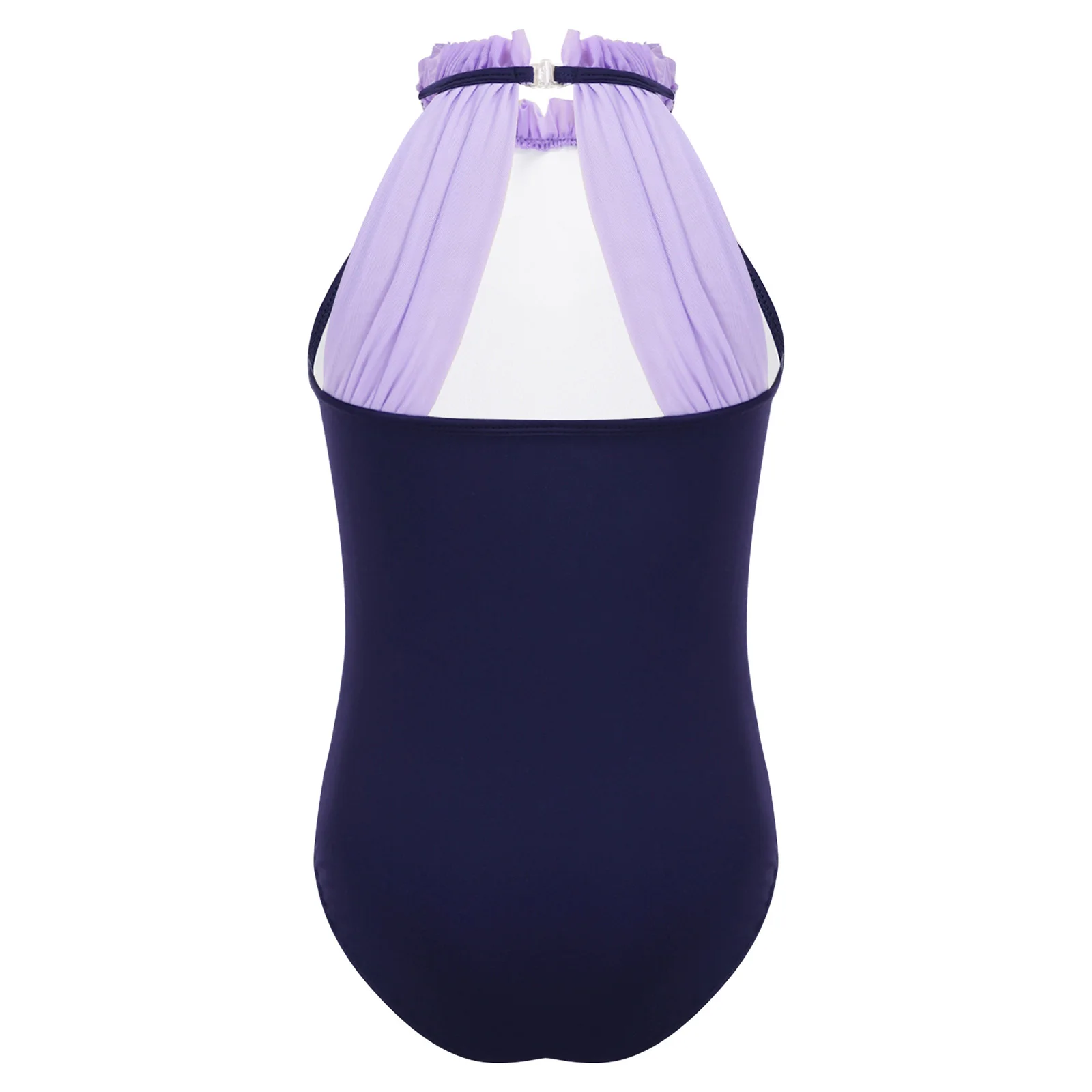 Kids Girls Lyrical Ballet Jazz Dance Costume Color Block Frilly Halter Cutout Back Bodysuit for Latin Dance Stage Performance