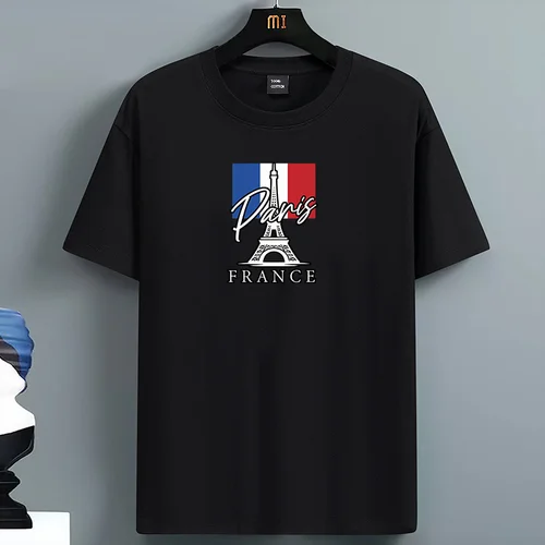 Imagen 2 del producto Camiseta holgada informal de talla grande para hombre, 100 algodón, a la moda, con estampado de Francia París, Top de manga corta con cuello redondo, verano