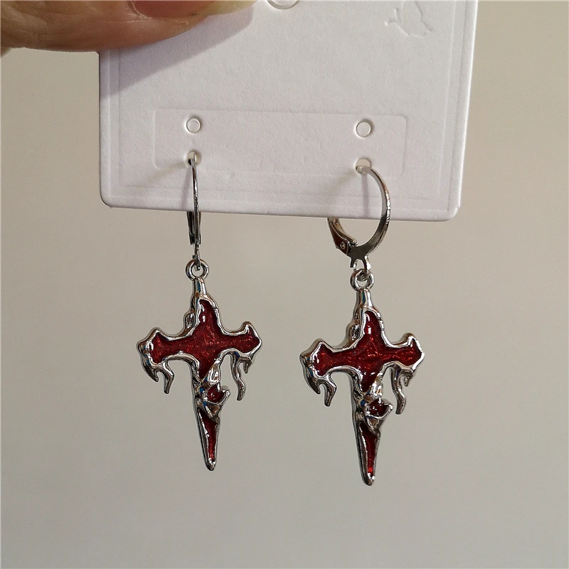 Gothic Punk Vintage Y2k Irregular Red Cross Pendant Earrings For Women Men Grunge Halloween Aesthetic Rave Jewelry Accessories