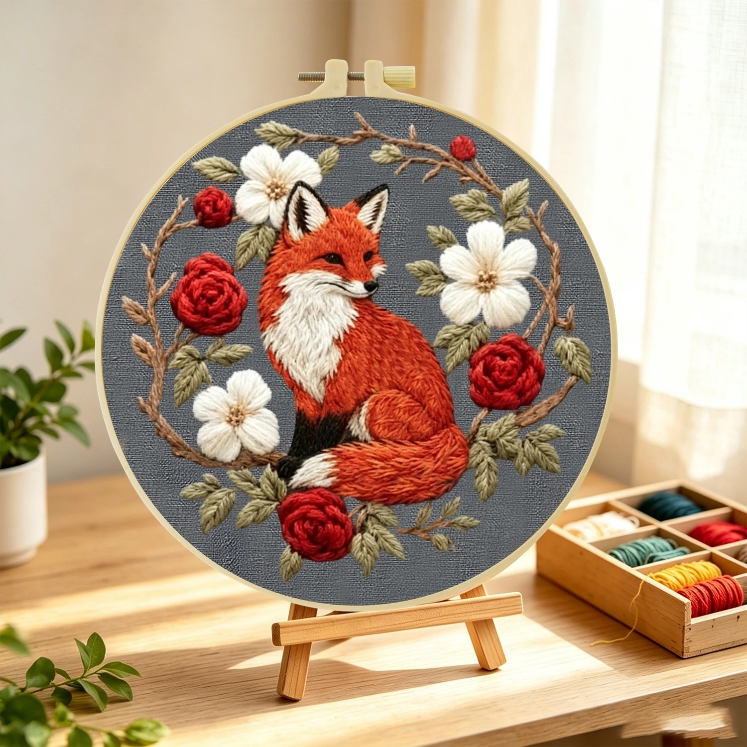 1 Set Blumenkranz Fuchs DIY Stickerei-Set für Anfänger Stickerei Starter-Kit Kreuzstich Kunstgeschenk Nadelarbeit Handwerk – Detail 4