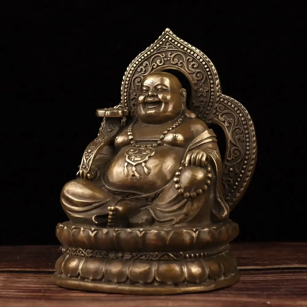 Chinese copper bronze Carved Happy Laugh Maitreya Buddha lotus Seat big Statue