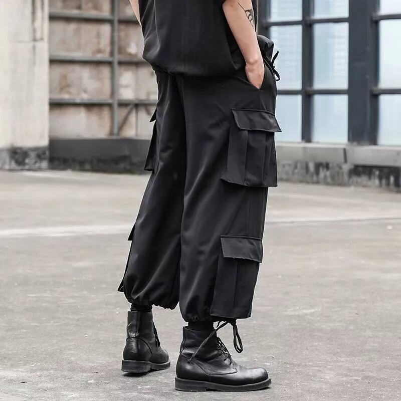 

With Design Multi-Pocket Pants New Drawstring Black Men's Hip-Hop Street Style Loose Casual Cargo Pants