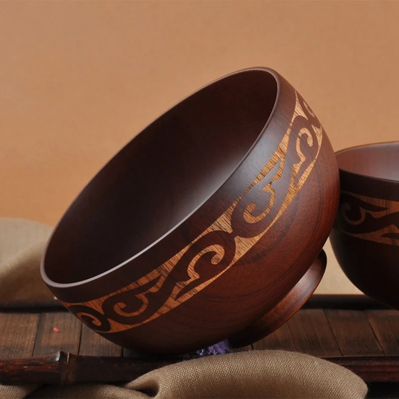 2X Mongolian Style Wooden Bowl Soup Salad Rice Noodle Bowls Ethnic Style Natural Wood Kids Wood Bowl Tableware