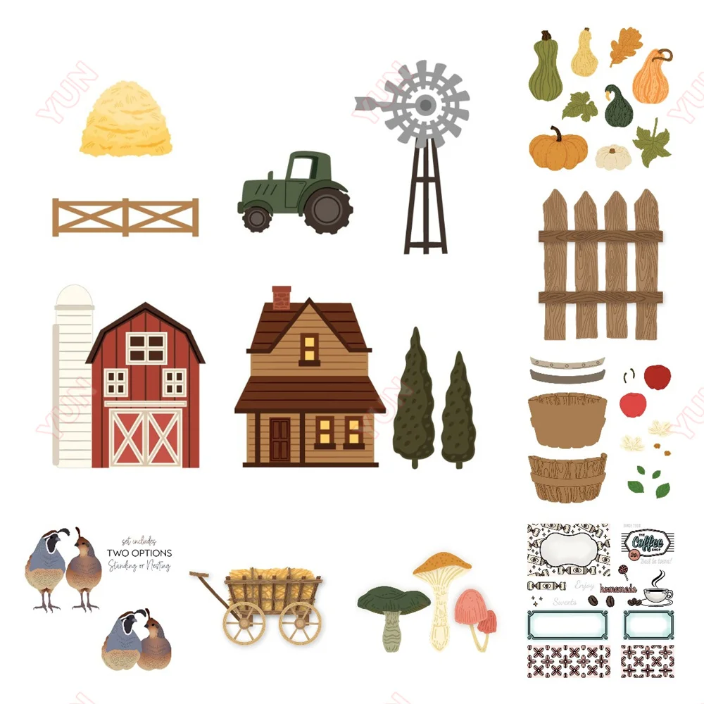 On the Farm Autumn Bouquet Mushroom Apple Barrel Stamps and Metal Cutting Dies Sets for DIY Craft Making Greeting Card Scrapbook