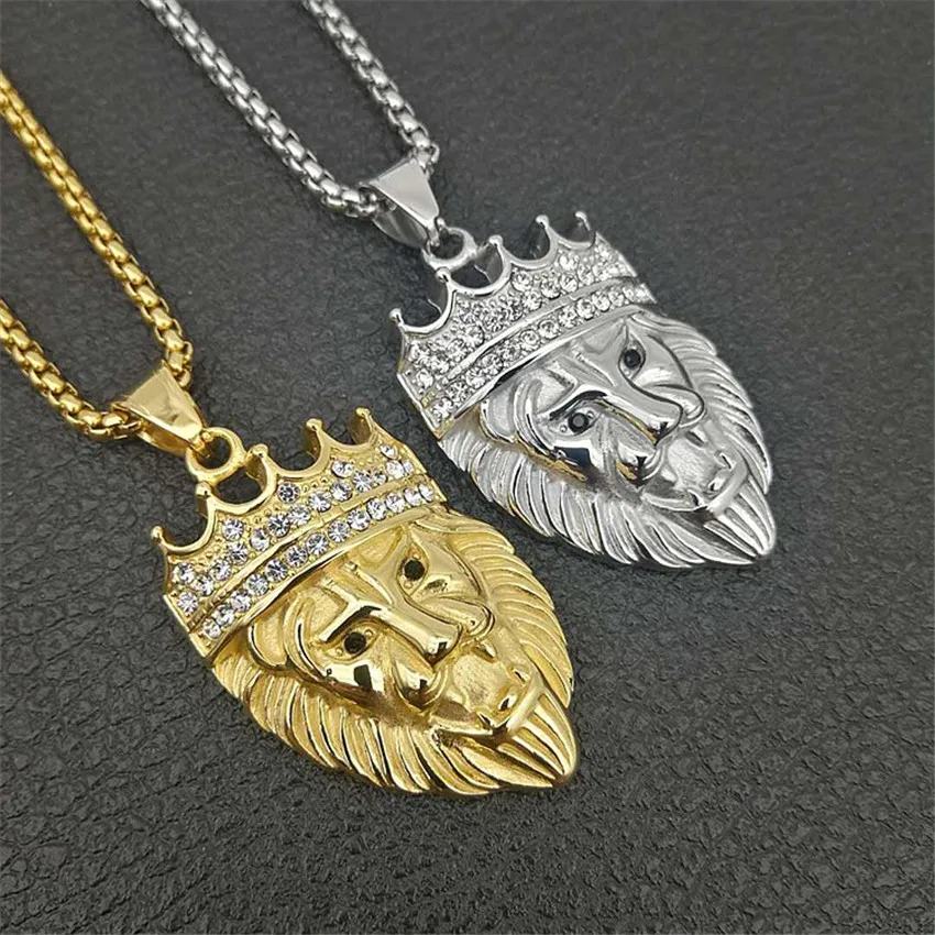 

Mens' Hip Hop Jewelry Iced Out Bling Gold Color Crown Lion Head Pendant Stainless Steel Necklace for Men Gift Present