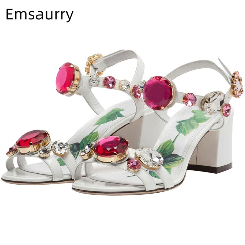 Rhinestone Diamond Ankle Strap Sandals Women Chunky Heel Sexy Open Toe Printed Flower Genuine Leather Summer Shoes Woman