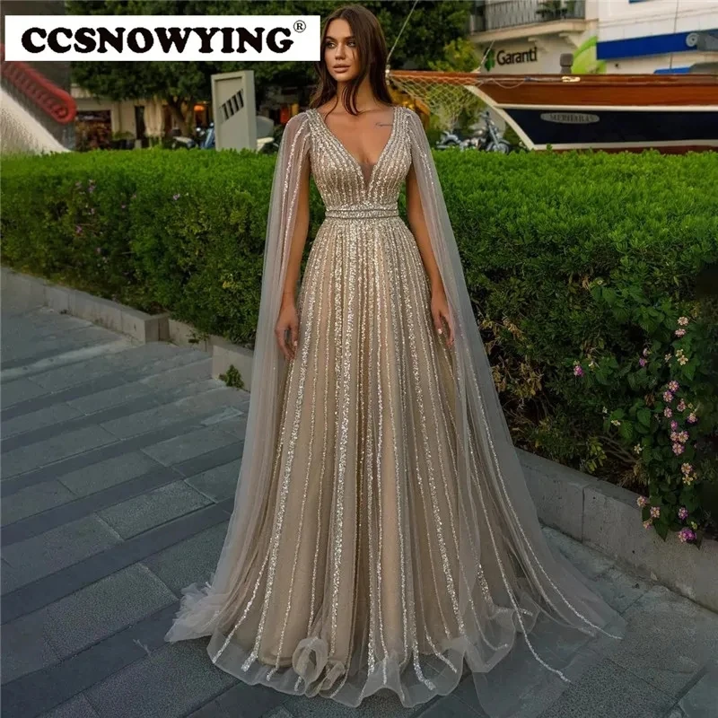 

Luxury Tulle Appliques Beaded Prom Dresses Double V Neck A Line Evening Gowns Women Formal Party Dress Robe De Soiree