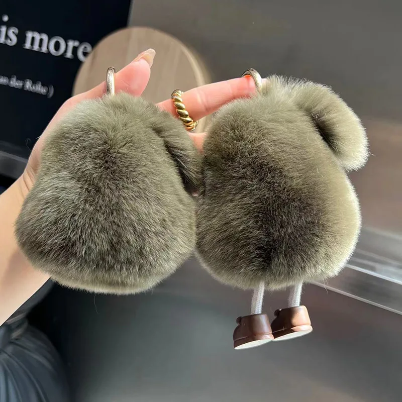 Real Raccoon Rabbit Fur Cute Avocado Car Keychain Pendant Ins Popular Plush Ball Backpack Charm Gift