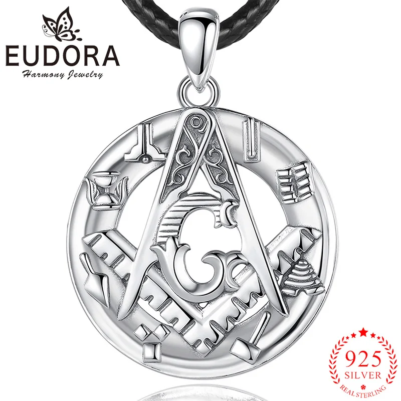 Eudora 925 Sterling Silver Freemason Masonic Pendant Guardian Rune Cool Necklace Men Women Personality Jewelry Party Gift