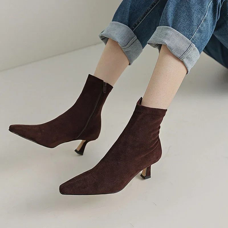 Sock Boots Women's High Heels Ankle Boots Women Dress Shoes Lace Pointed Toe Botas Heels Booties Red Black Short Boots