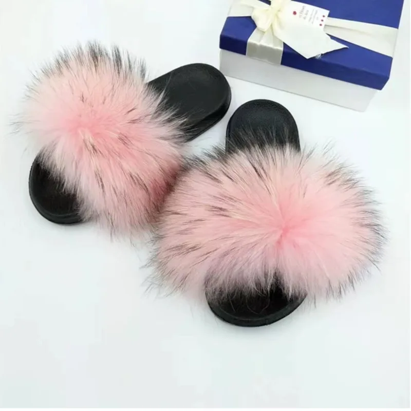 Real Raccoon Fur Slides For Women Home Fluffy Slippers Outdoor Non-Slip Wear-Resistant Flat Sandals Casual Beach Shoes