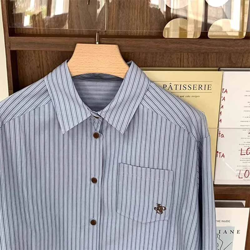Womens Blue Striped Long Sleeve Oversized Shirt Loose Simple Style Blouse Spring Summer Edition City Girls Fashion Trend