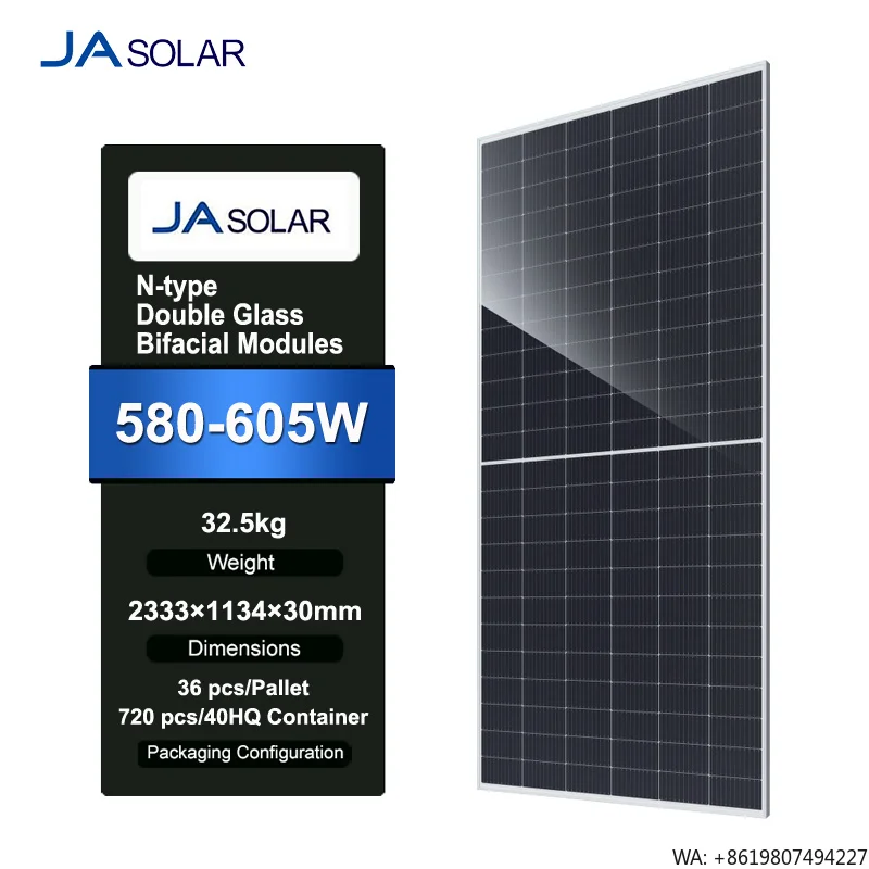 

JA Solar JAM72D40 LB 580W-605W Mono 16BB 144 Half-Cell N-type Bifacial Dual-Glass Solar Panel for Home&Commercial Use