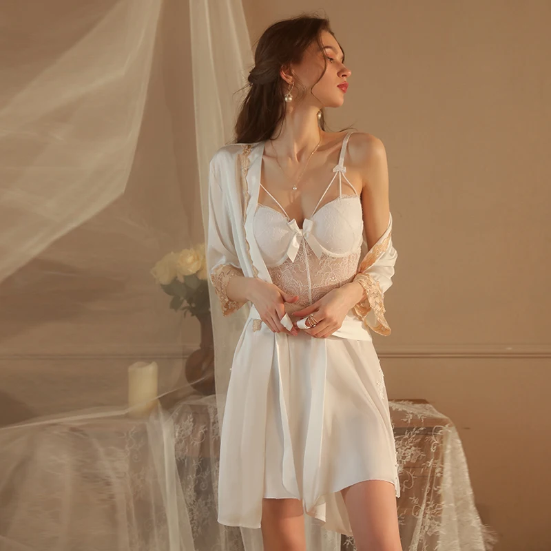 Women's Sleepwear Set 2pcs Lace Gathered Chest Pad Strap Dress Home Clothes 2044 Steel Ring Gathering plus Chest Pad