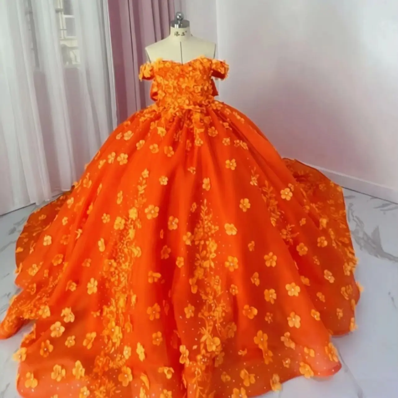 Princess Orange Girls Birthday Party Dresses Customized Luxury Lace Flower Girl Dresses for Wedding Baby Kids Pageant Dress