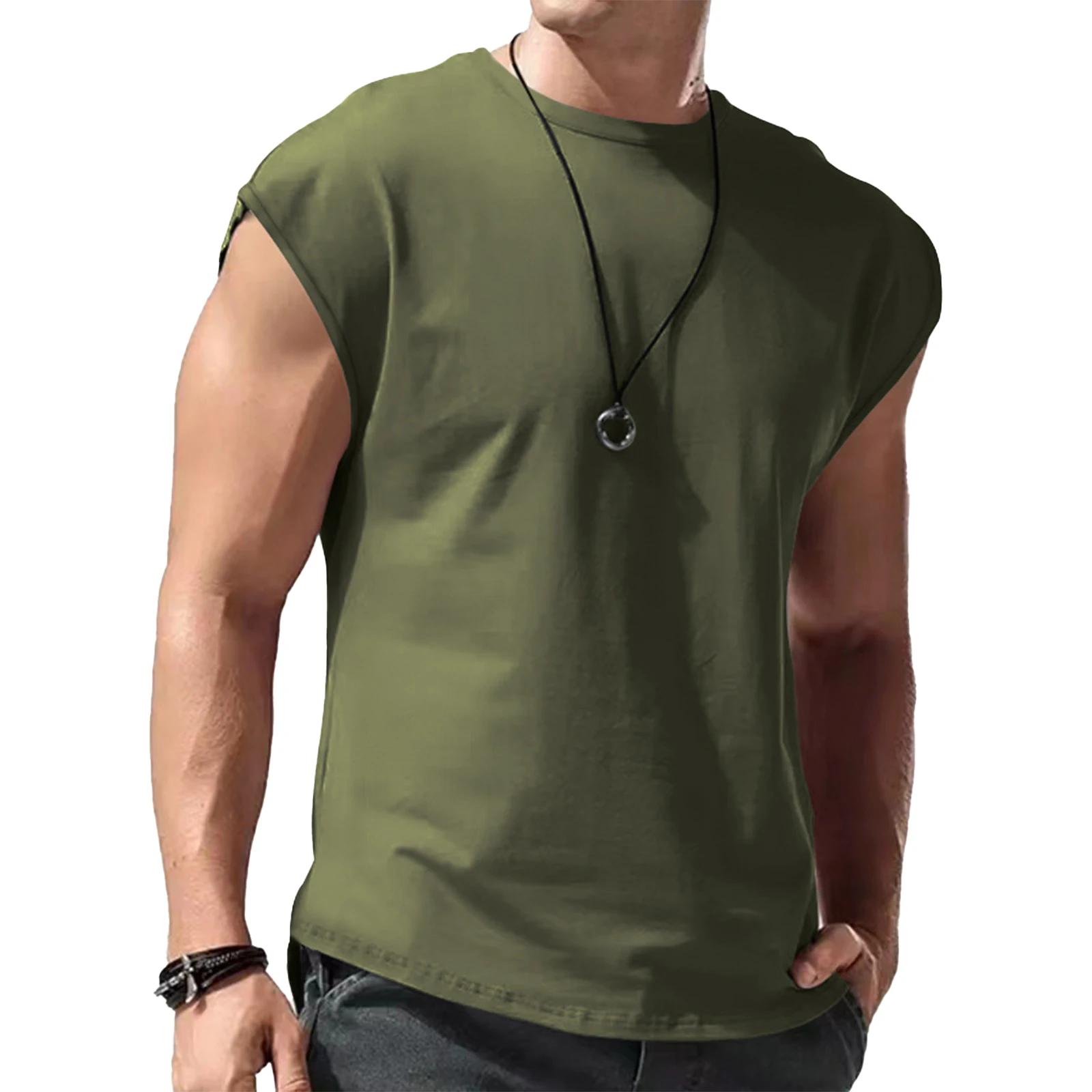 Mens Solid Color Workout Running Tops Casual Round Neck Vest Tops Sleeveless T-Shirt  Vest Vacation Travel Sports Vest