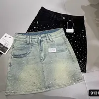Starry Hot Rhinestone Denim Skirt for Women  Summer New Retro Slimming a-Line Sheath Denim Skirt