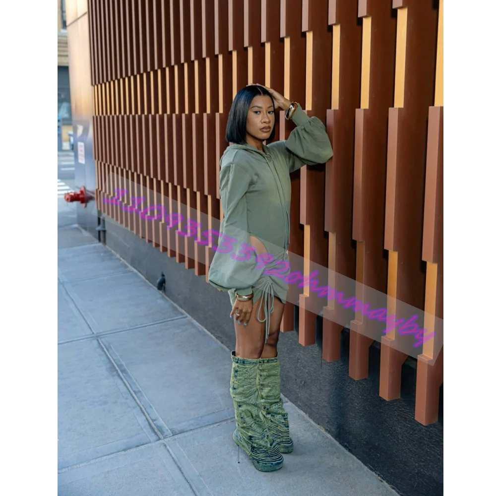 Military Green Pleated Stretch Boots Women'S Metallic Heel Straight Boots Trendy T-Stage Show Super High Heel Mid-Calf Boots view 2