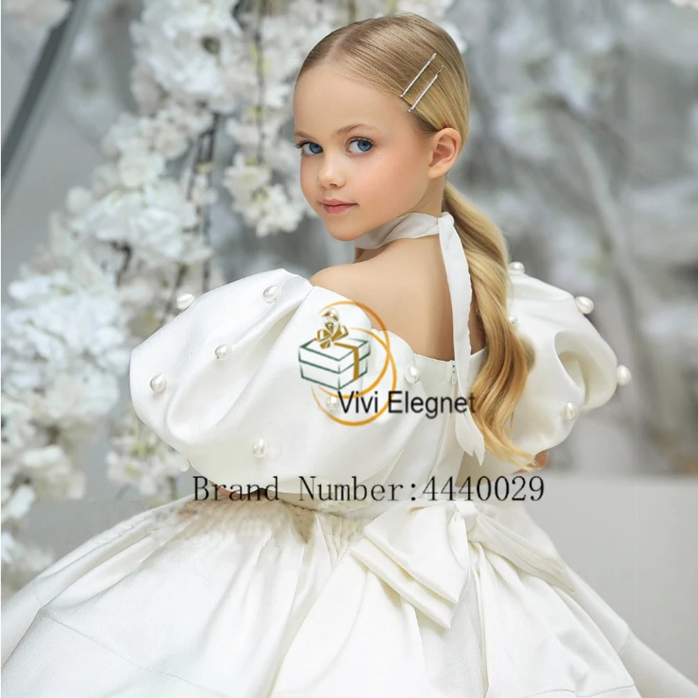 White Scoop Puffy Sleeve Flower Girls Dresses Satin Tiered Knee Length Christmas Gowns 2023 Summer New فلور فتاة اللباس Princess