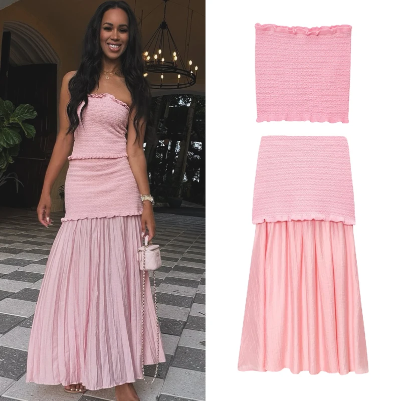 

Knit Skirt Pleated Long Skirt Women's Crochet Pink Knitted Dresses 2025 Summer New Woman Fashion Korean Reviews Stitching Skirt