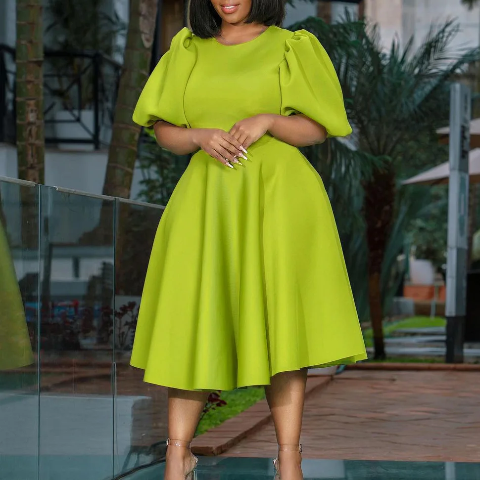 

Summer Women's Round Neck Dress with Bubble Sleeves, Cinched Waist and Large Swing, Elegant A-line Dress 2025