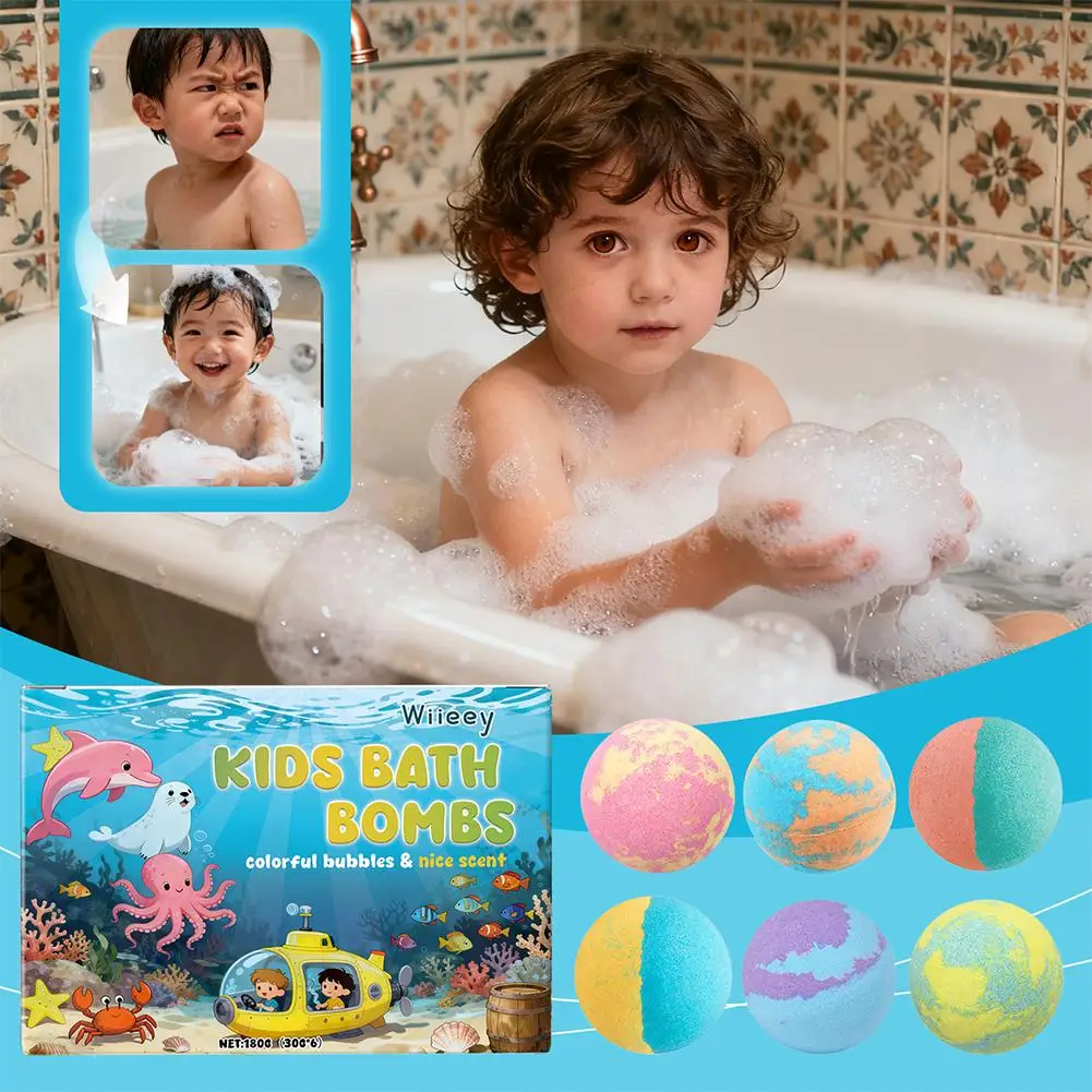 6PCS Kids Bath Bombs Children's Bath Toys Colorful Mega Bubbles Surprise Ocean Toys Gift Set Skin Friendly Bathing Kit for Kids
