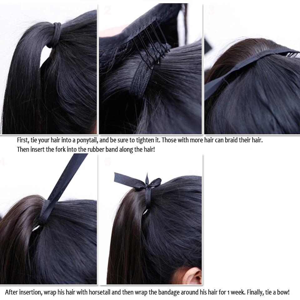 MEIFAN Synthetic Long Straight Ribbon Wrap Pontail Extension for Women Natural Fake Pigtail Hairpiece Clip In Hairtail Extension