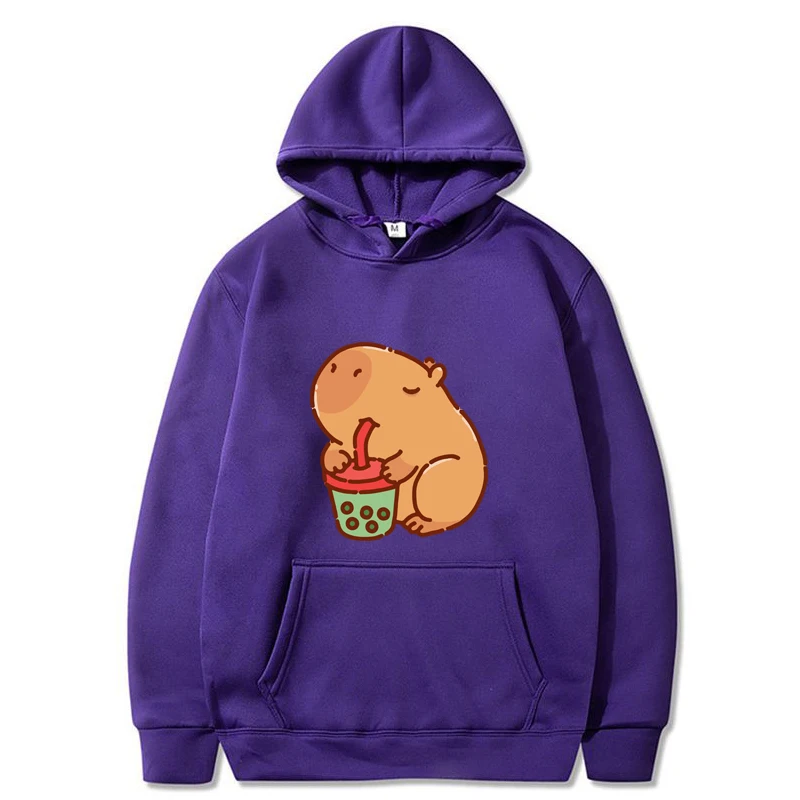 Cute Capybara Drinking Bubble Tea Hoodies Women Sweatshirt Men Pullover Kawaii Graphic Printed Streetwear Fall Winter Casual