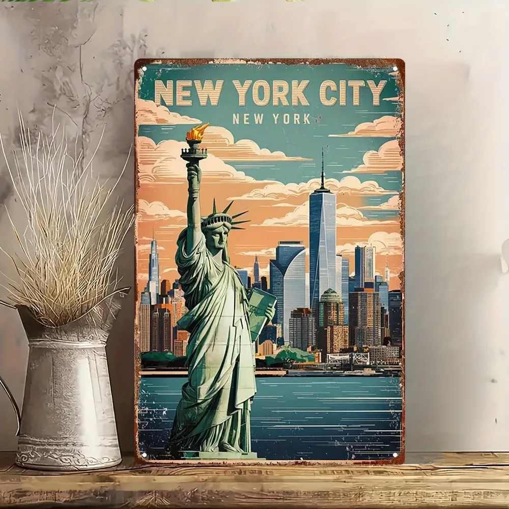 2D Flat - 1pc Vintage City Skyline Metal Tin Sign, Iron Urban Wall Art Decor, 8x12 Inch, Travel Theme Decoration