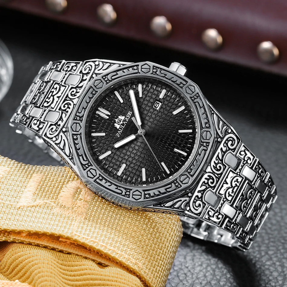 

Luxury Carved Antique Vintage Luminous Rose Gold Yellow Gold Silver 2 Tones Fashion Blue Classic Quartz Men Watches